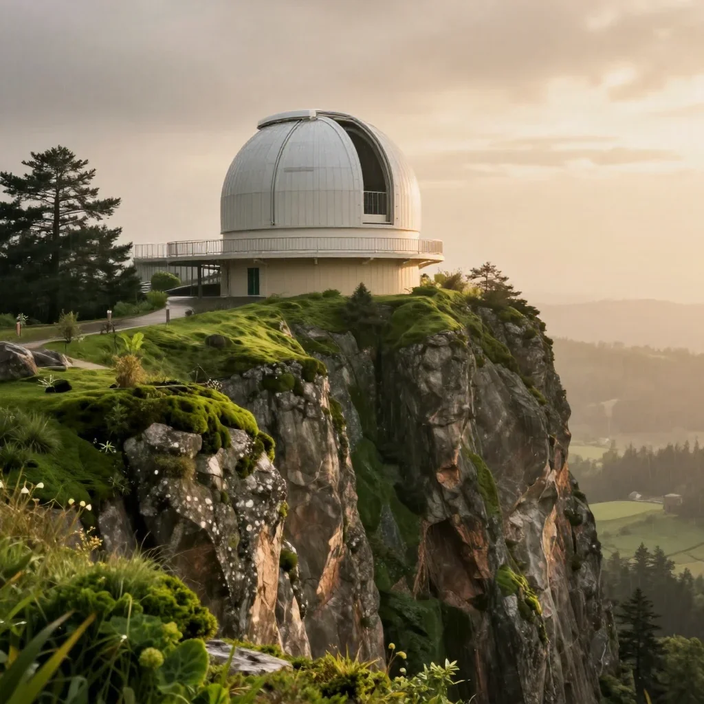 a cliffside observatory after warm summer rain, dreamlike fine-art landscape photography, gentle reflected light, moss g