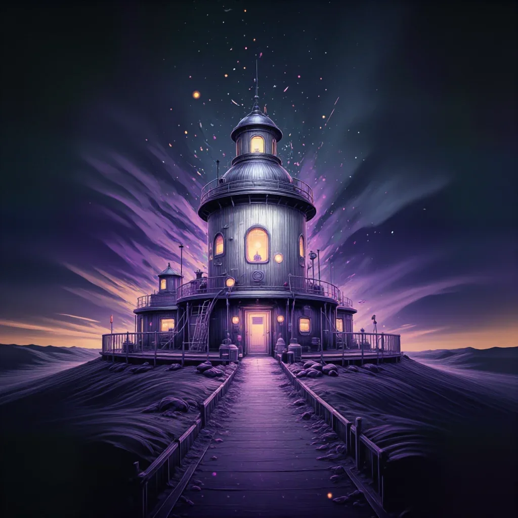 a desert research station at blue hour, Japanese woodblock-inspired editorial art, atmospheric depth, lavender and silve