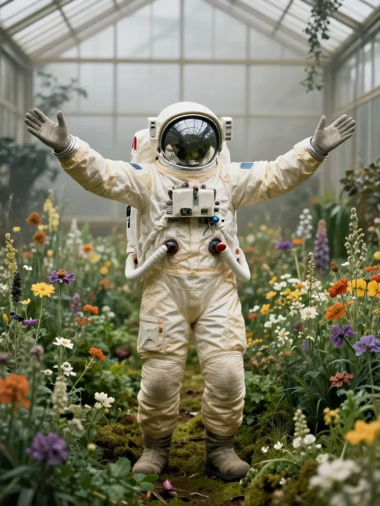 an astronaut in a reflective bodysuit among wildflowers in a bold, open-armed welcome, in a greenhouse humid with mist, 