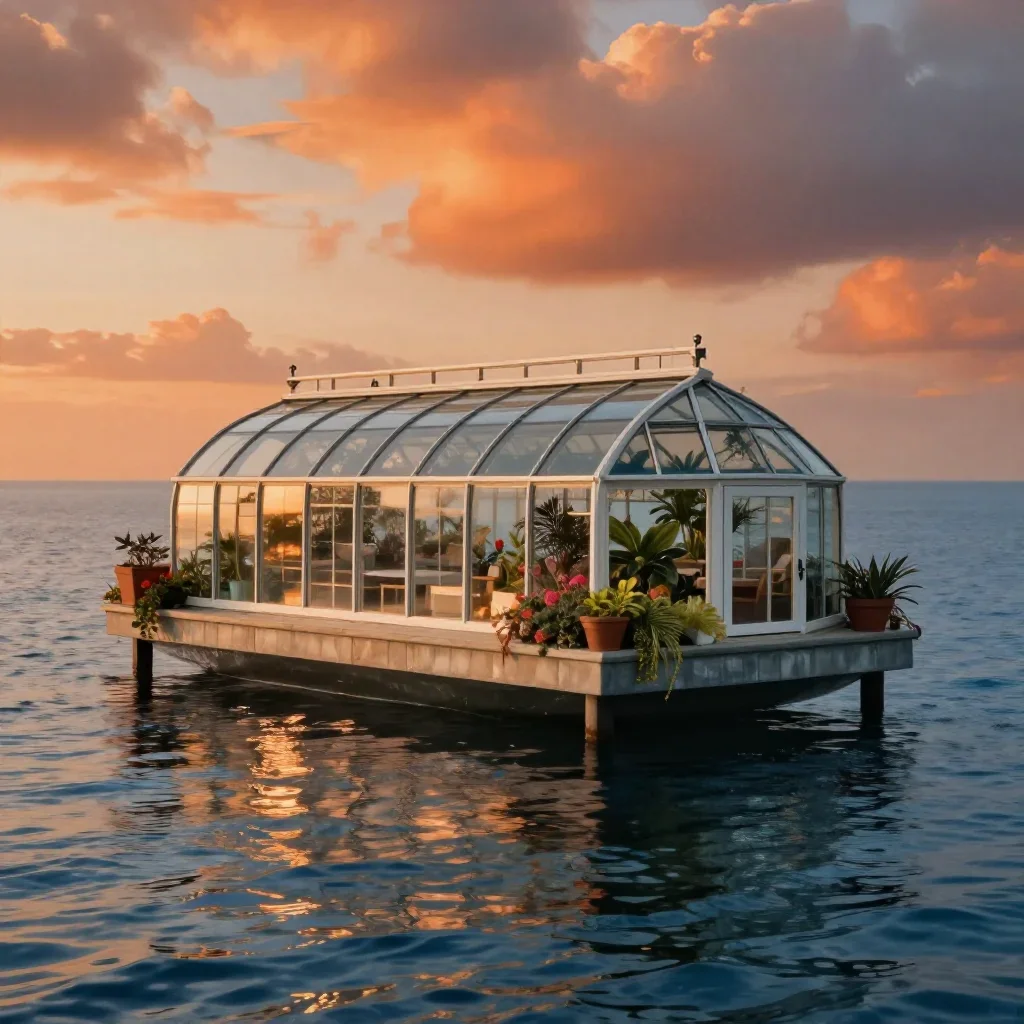 a floating botanical conservatory in a gentle sea breeze, refined editorial travel photography, gentle reflected light,