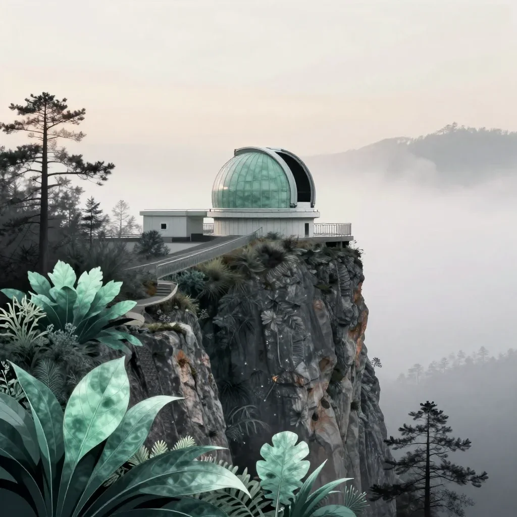 a cliffside observatory under soft dawn fog, contemporary botanical illustration, clean natural textures, jade and charc