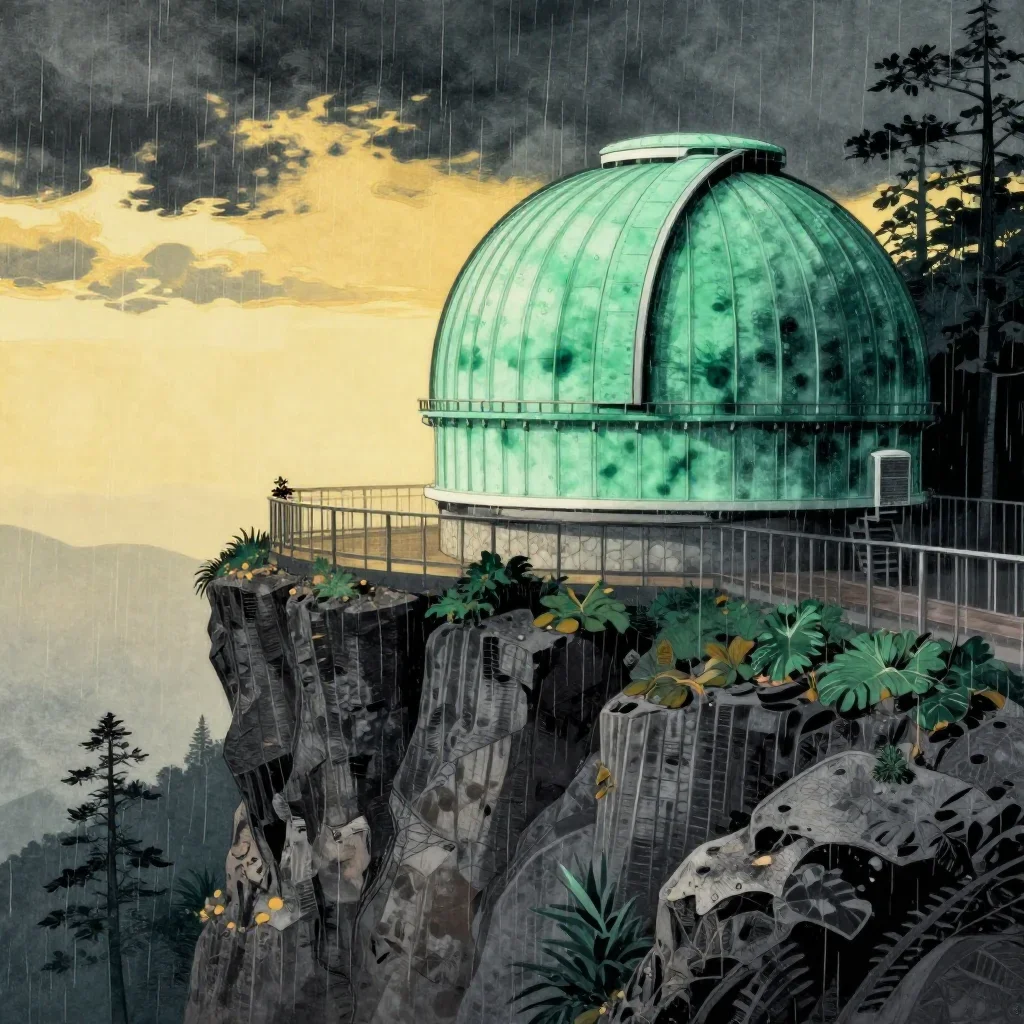 a cliffside observatory after warm summer rain, Japanese woodblock-inspired editorial art, crisp material detail, jade a