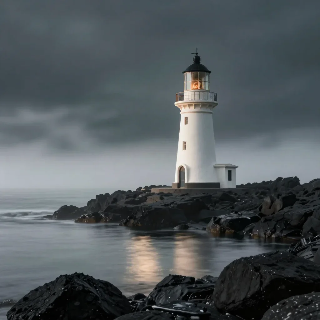 a lighthouse on black basalt in early spring mist, dreamlike fine-art landscape photography, gentle reflected light, jad