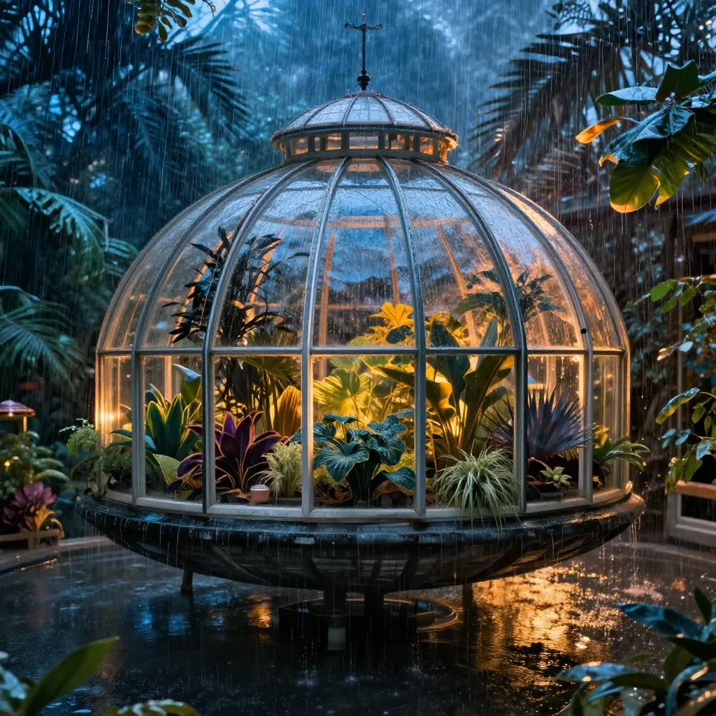 a floating botanical conservatory after warm summer rain, refined editorial travel photography, atmospheric depth, cobal