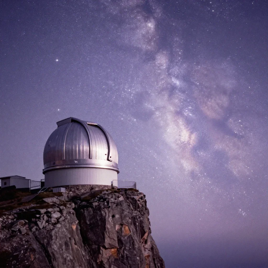 a cliffside observatory beneath a star-filled sky, quiet science-fiction concept art, subtle film grain, lavender and si