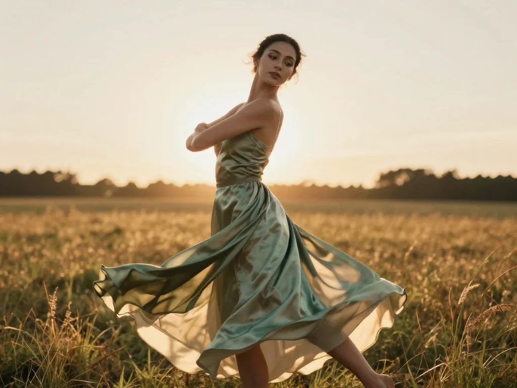 a dancer mid-spin in a silk maxi dress in an alluring over-the-shoulder glance, in a backlit golden-hour field, soft-gra