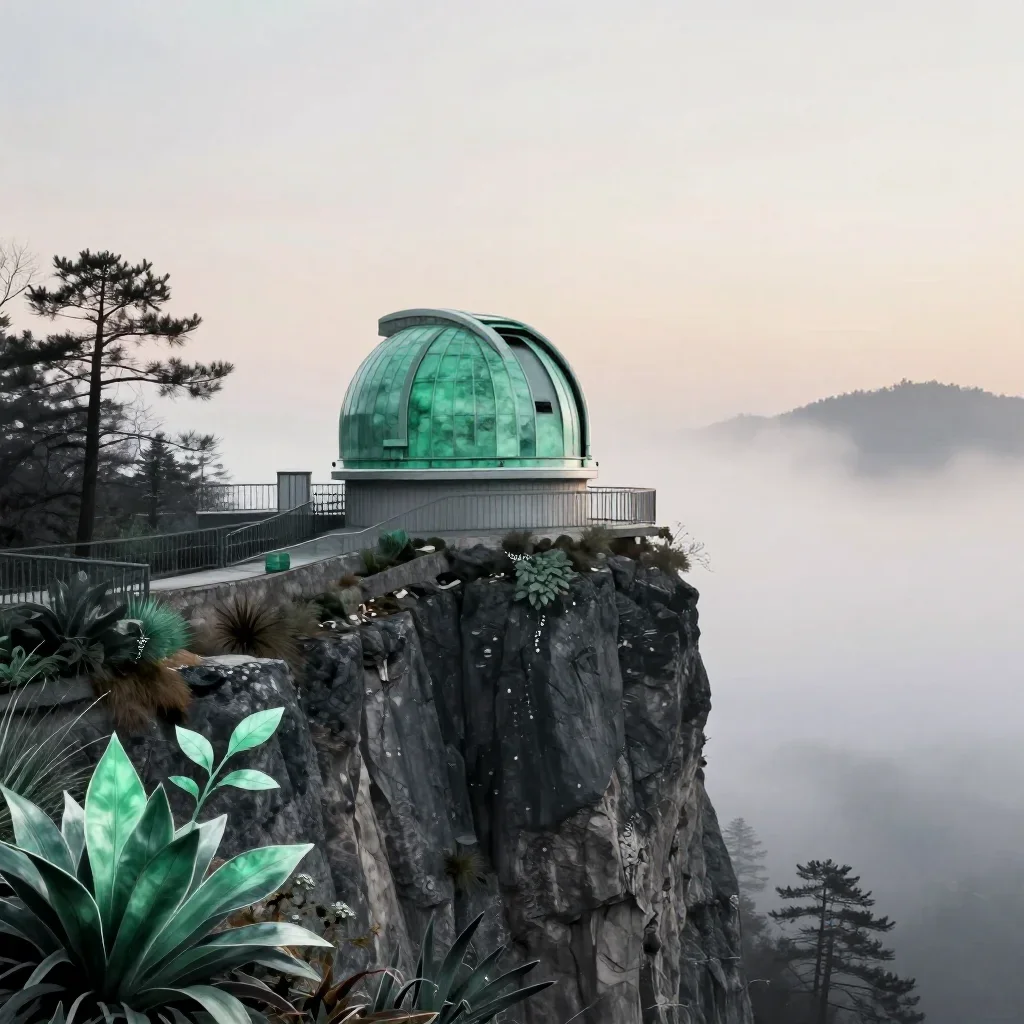 a cliffside observatory under soft dawn fog, contemporary botanical illustration, crisp material detail, jade and charco