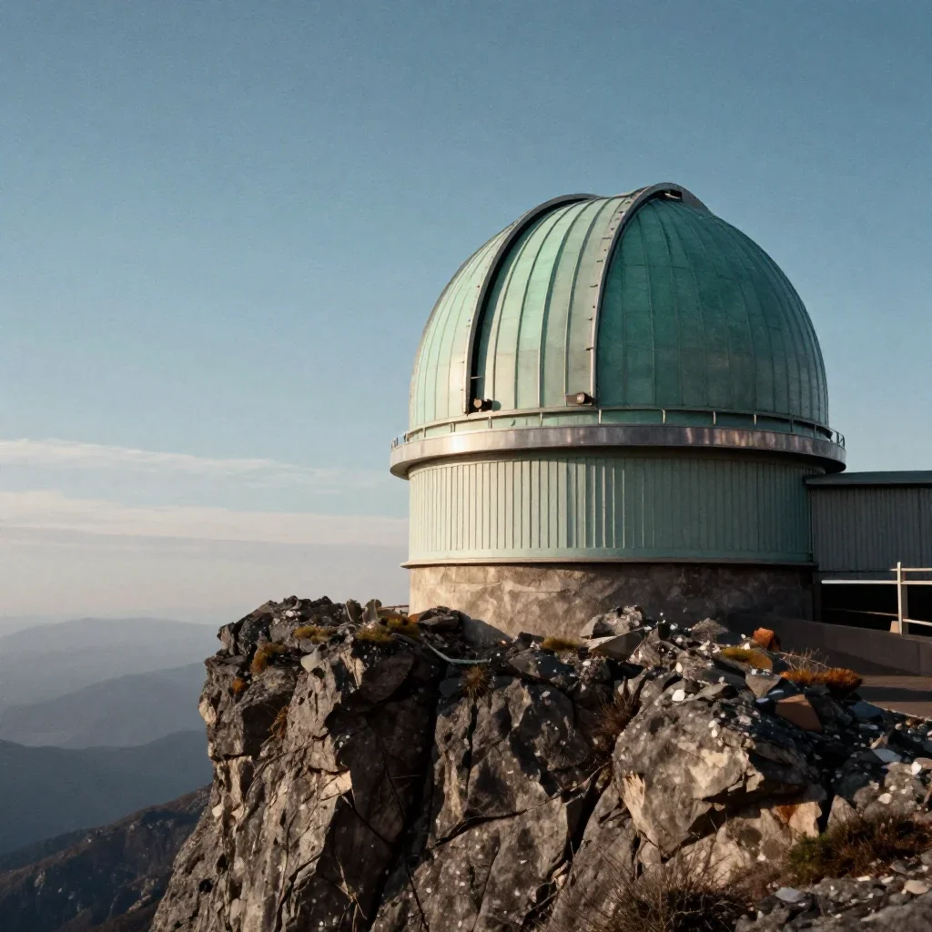 a cliffside observatory in crisp winter sunlight, cinematic architectural photography, subtle film grain, jade and charcoal palette, no people, no text, no logo, no watermark