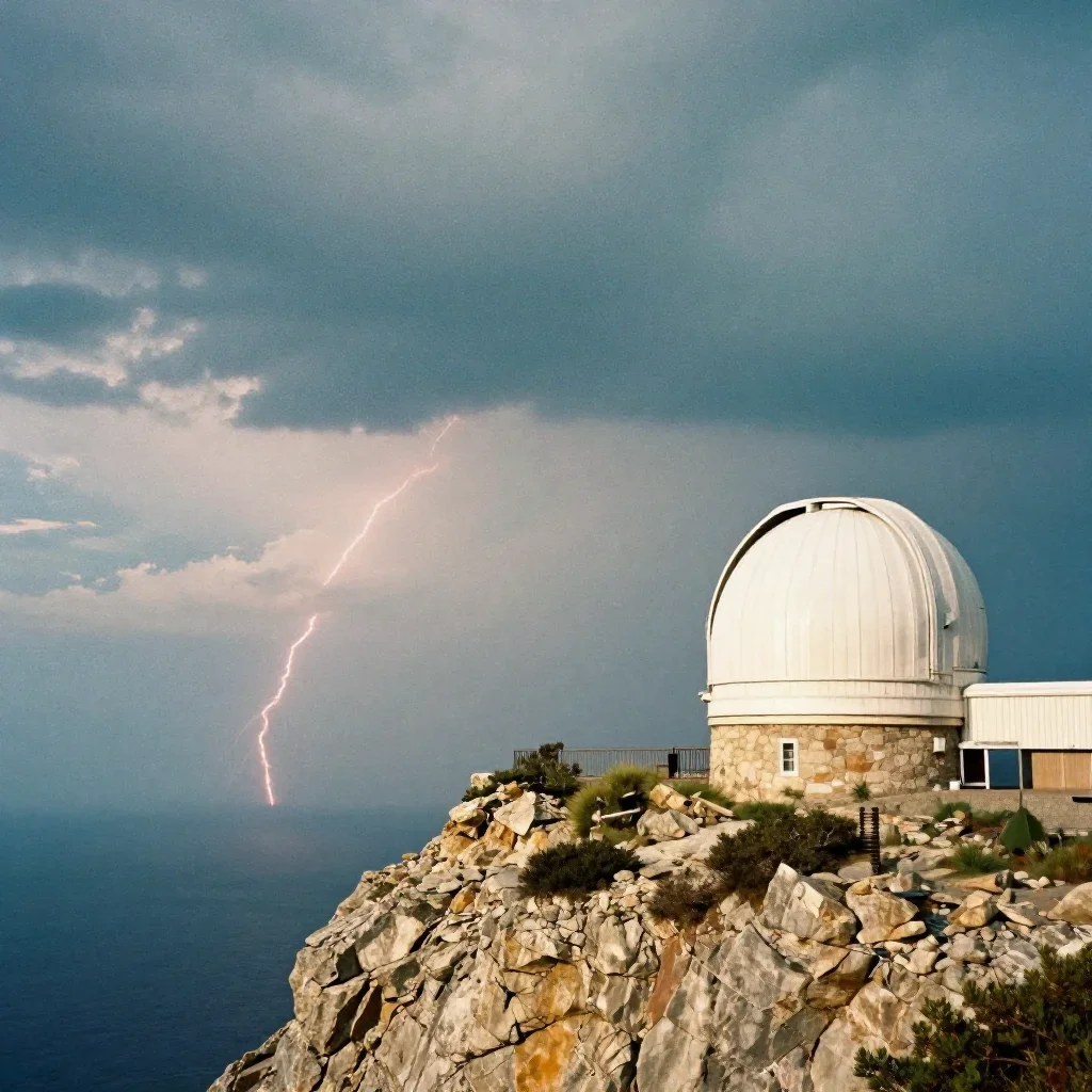 a cliffside observatory after a distant thunderstorm, soft-grain analog film photography, restrained color harmony, coba