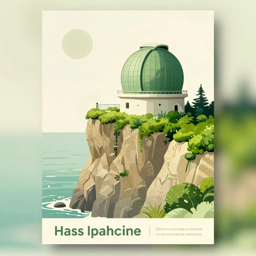a cliffside observatory in a gentle sea breeze, modernist poster illustration, crisp material detail, moss green and cre