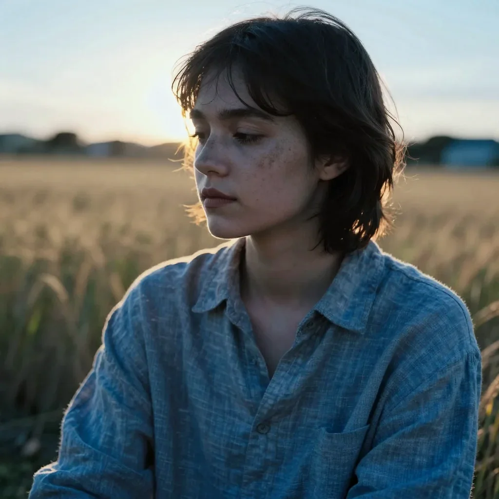 a sculptor at rest in a linen shirt, dust-hazed in a coy glance from under lowered lashes, in a backlit golden-hour fiel
