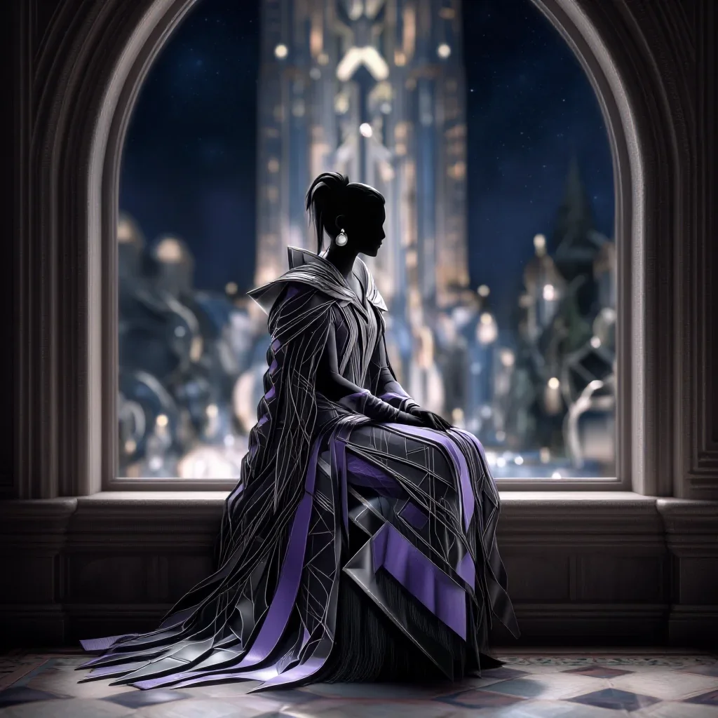 a sorceress in a star-lit midnight cloak in a seated silhouette against a window, in a moonlit palace courtyard, futuris