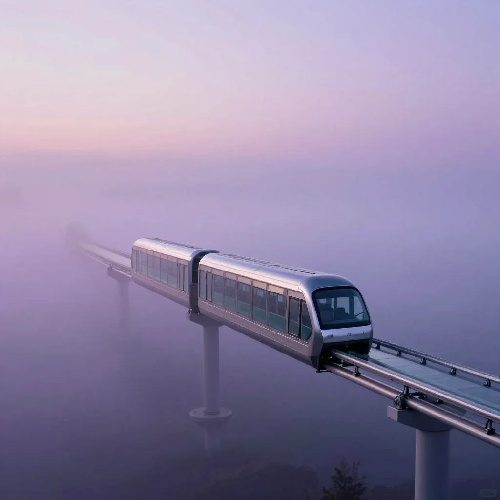 a glass monorail under soft dawn fog, quiet science-fiction concept art, restrained color harmony, lavender and silver p