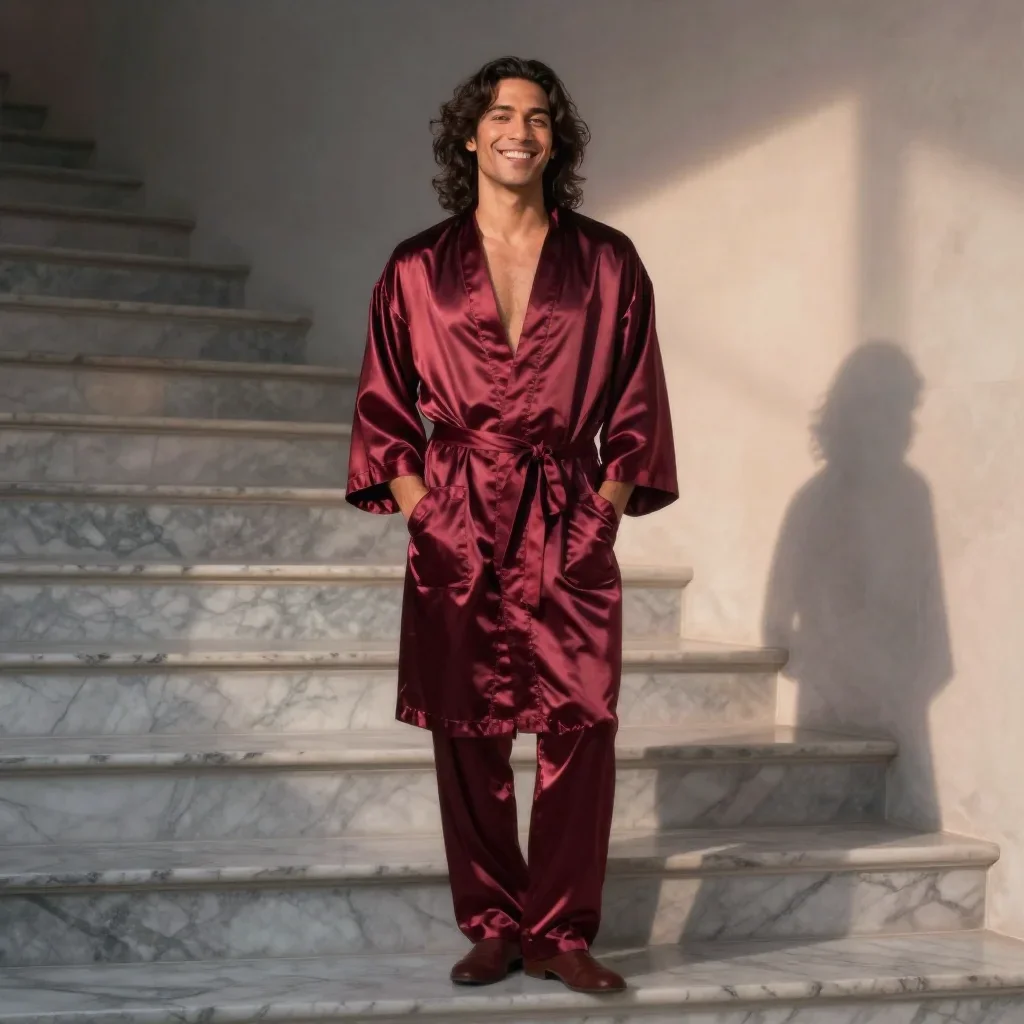 a smiley lounge singer in a satin robe standing tall with hands in pockets, on a marble staircase at dawn, dreamlike fan
