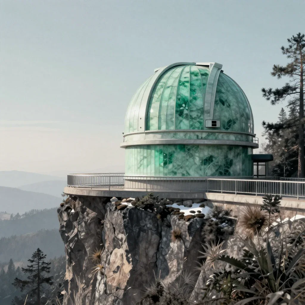 a cliffside observatory in crisp winter sunlight, contemporary botanical illustration, subtle film grain, jade and charc