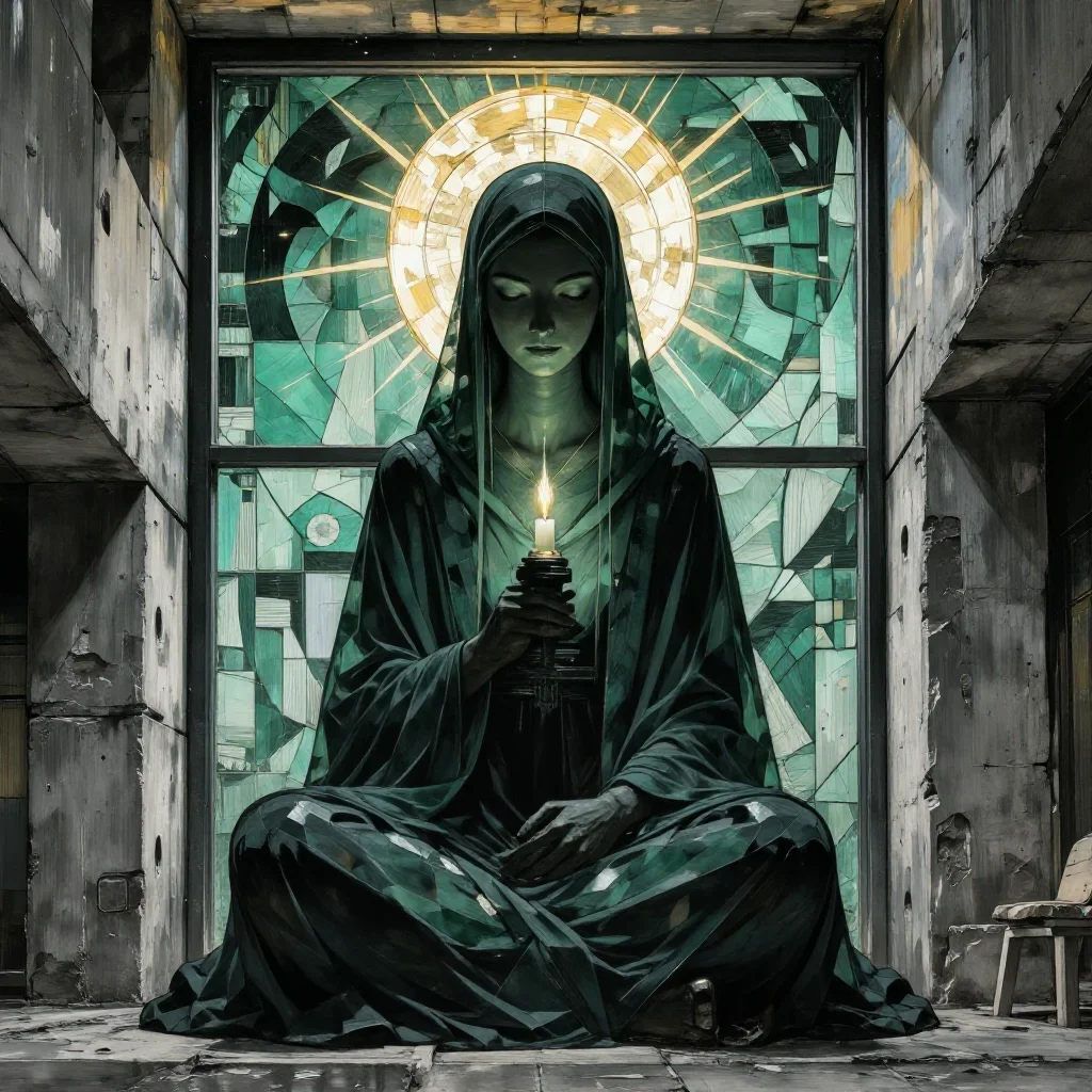 a celestial priestess with haloed candlelight in a seated silhouette against a window, in a brutalist concrete atrium, R