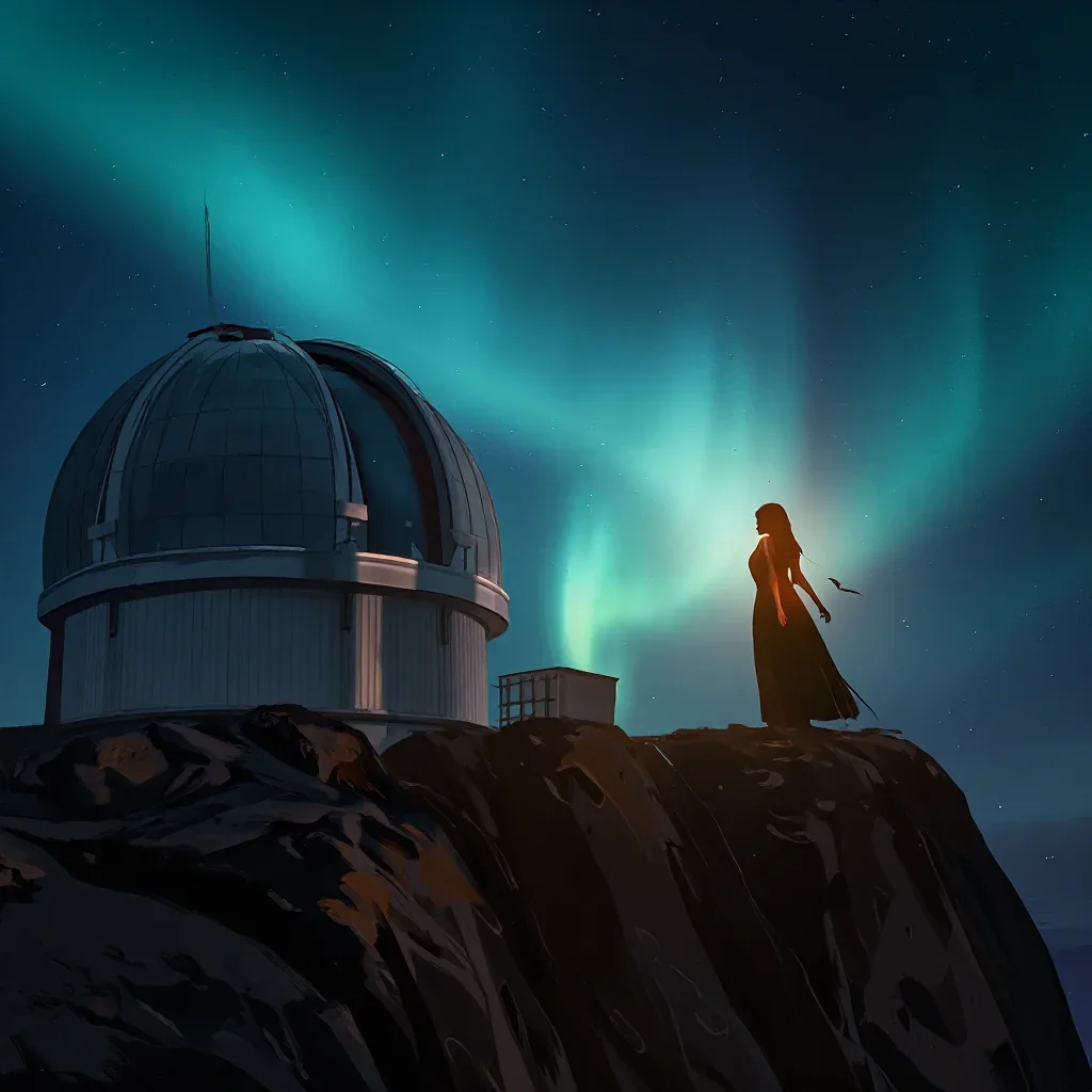 a cliffside observatory beneath an aurora, cinematic architectural photography, atmospheric depth, cobalt and amber pale