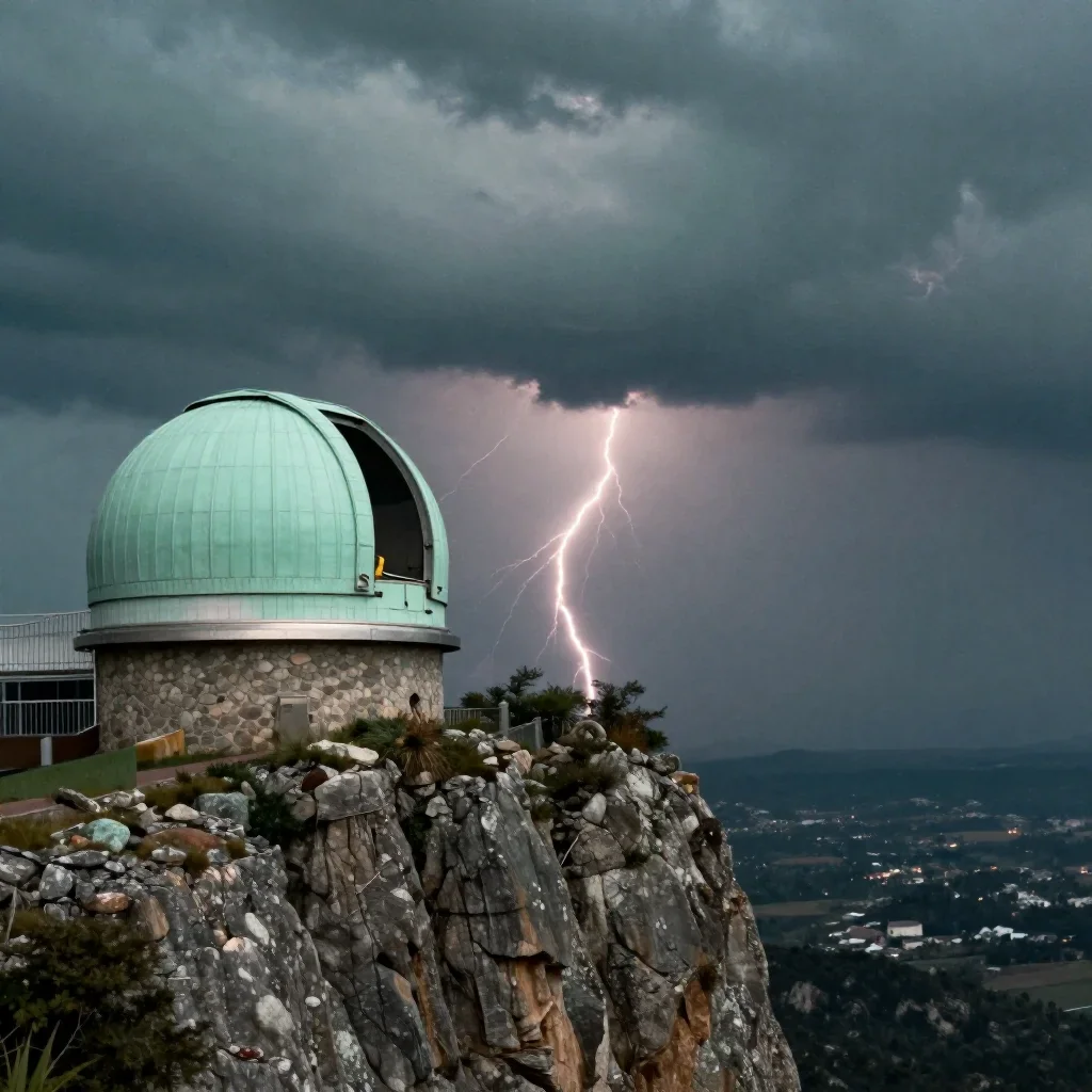 a cliffside observatory after a distant thunderstorm, dreamlike fine-art landscape photography, subtle film grain, jade 