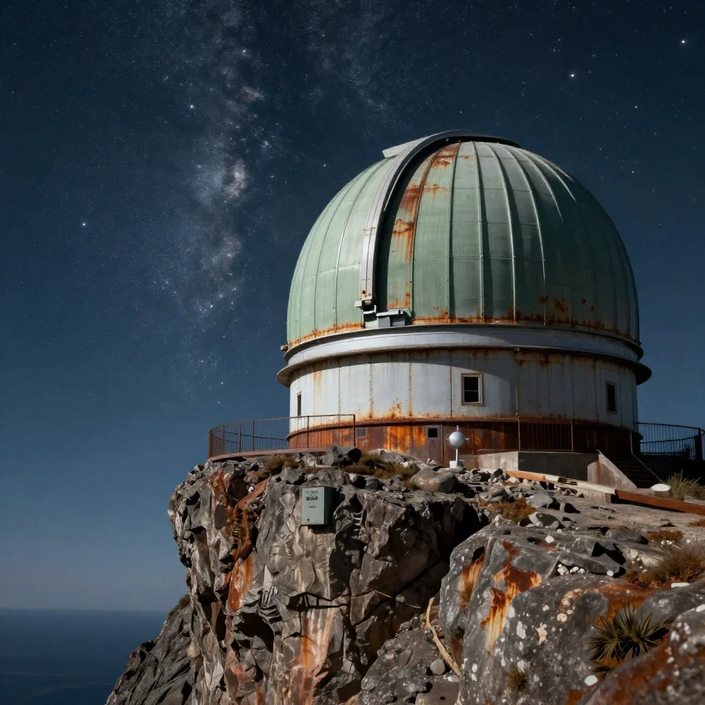 a cliffside observatory beneath a star-filled sky, quiet science-fiction concept art, crisp material detail, rust and sa