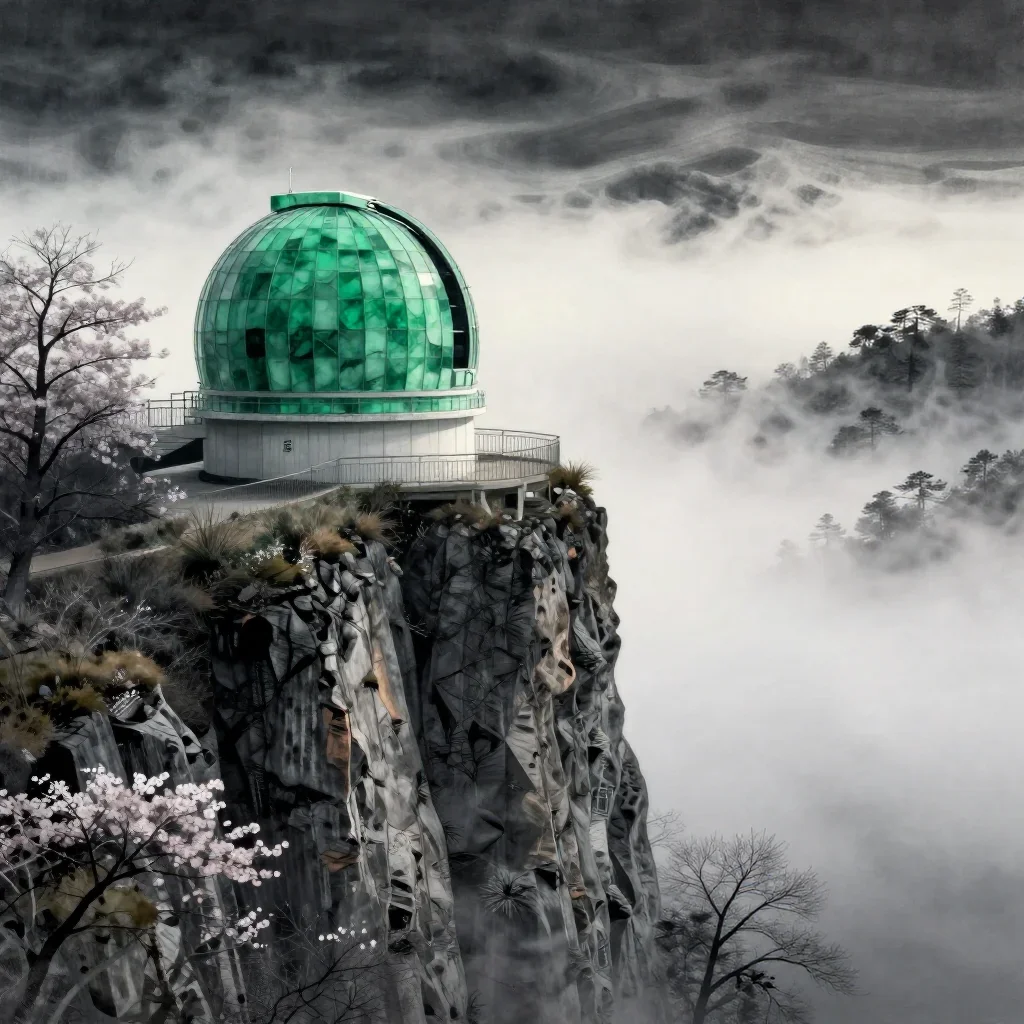a cliffside observatory in early spring mist, Japanese woodblock-inspired editorial art, careful geometric composition, 