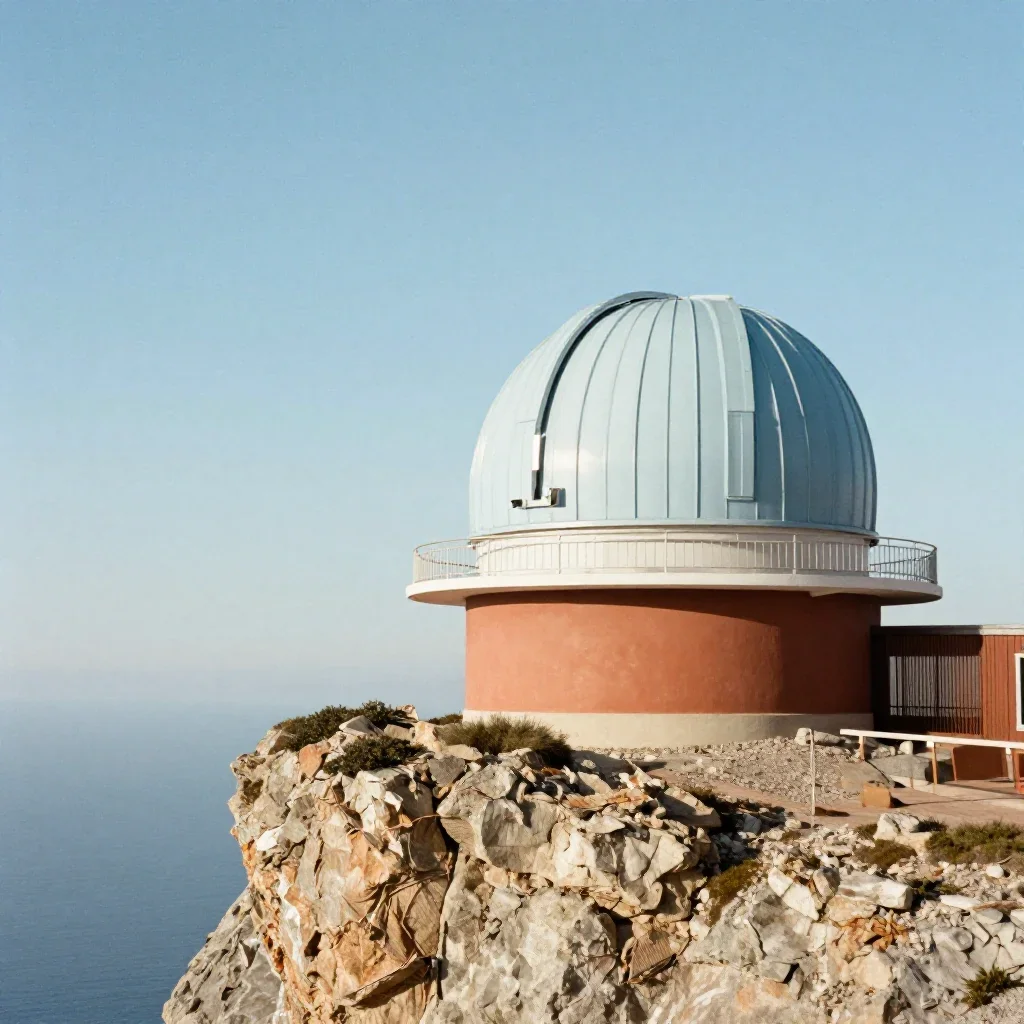 a cliffside observatory in crisp winter sunlight, high-end design magazine photography, subtle film grain, terracotta an
