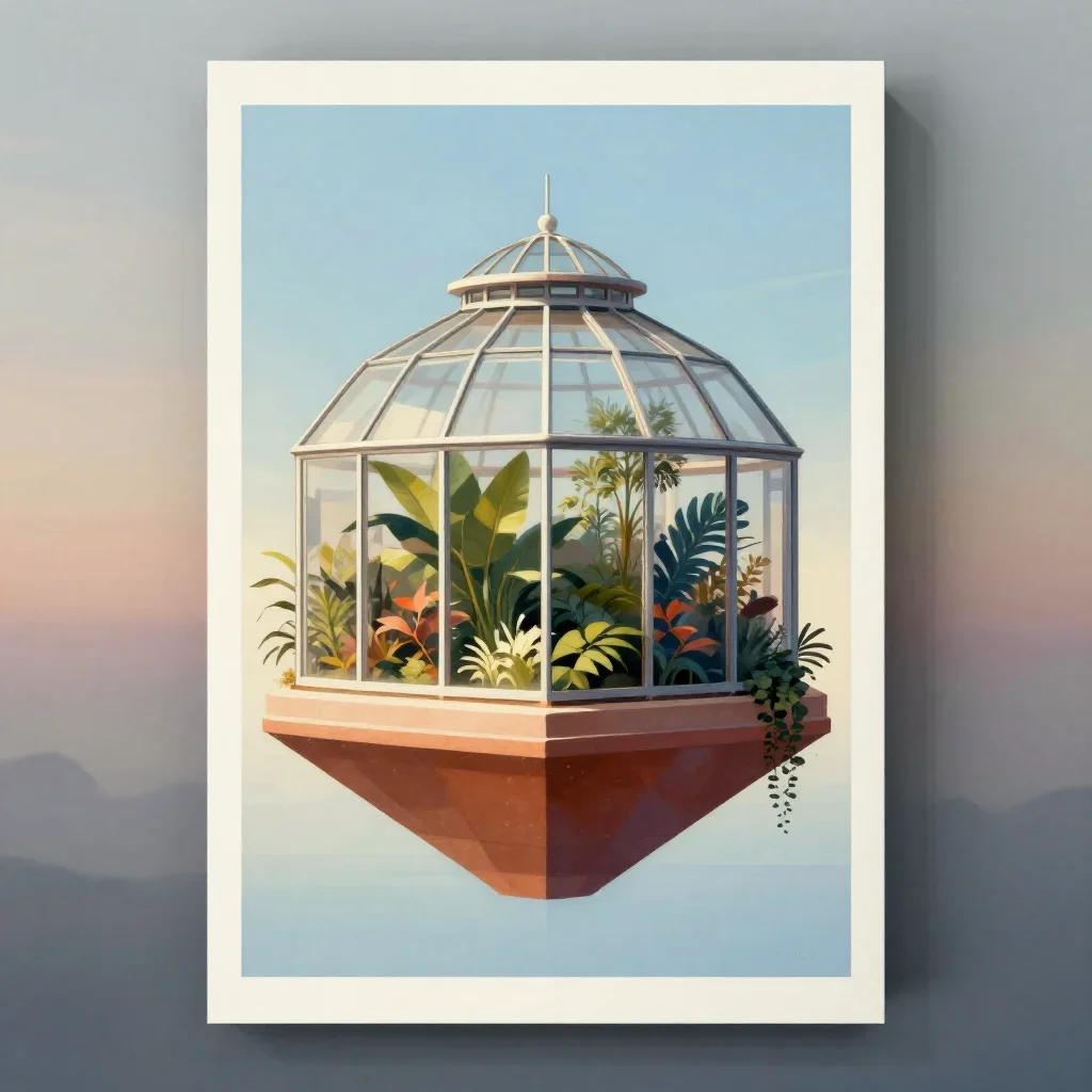 a floating botanical conservatory in quiet late-afternoon haze, modernist poster illustration, careful geometric composi