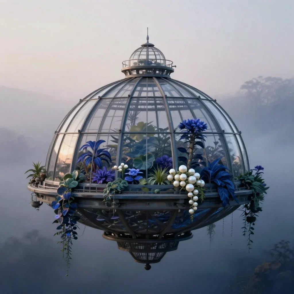 a floating botanical conservatory in quiet late-afternoon haze, quiet science-fiction concept art, calm negative space, 
