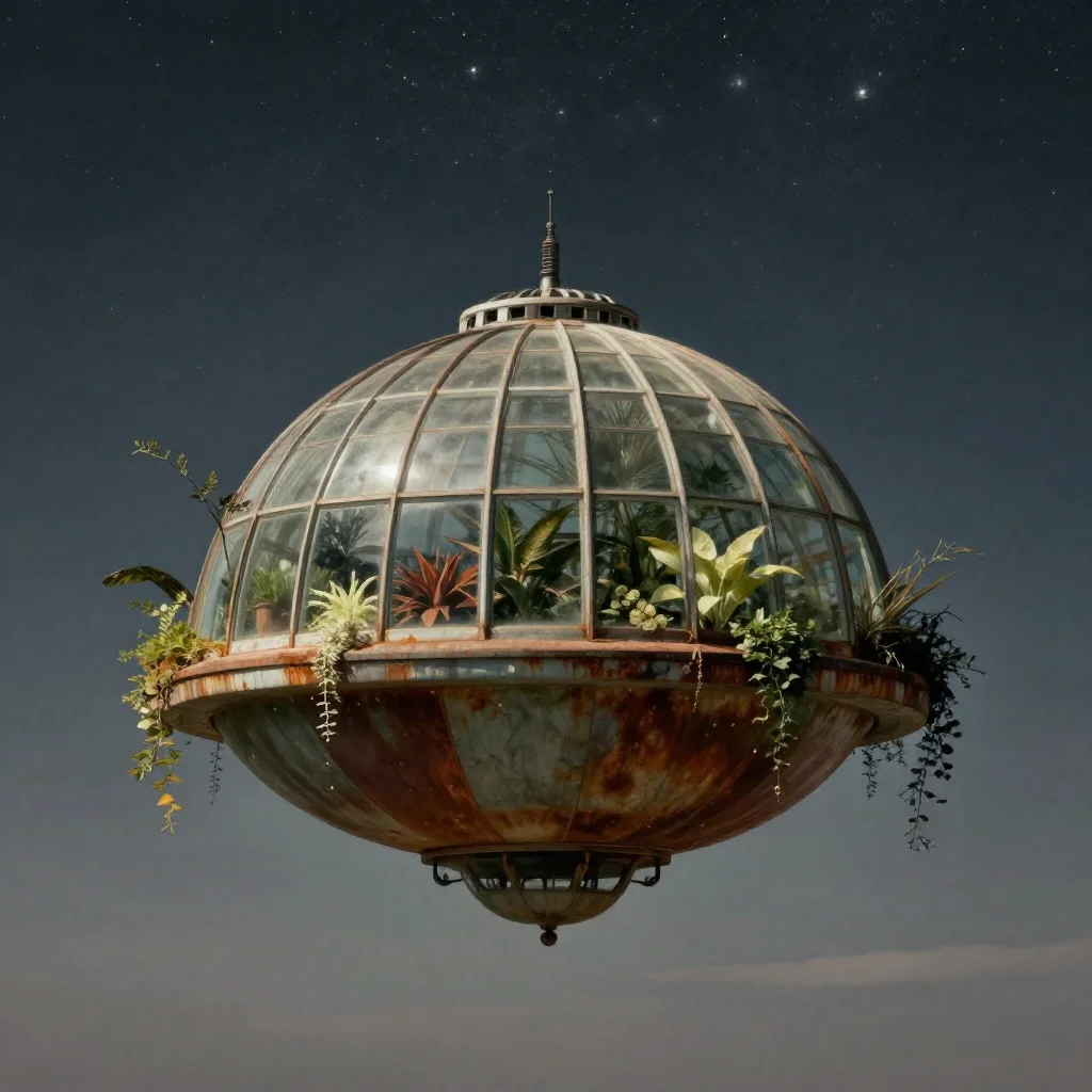 a floating botanical conservatory beneath a star-filled sky, quiet science-fiction concept art, calm negative space, rus