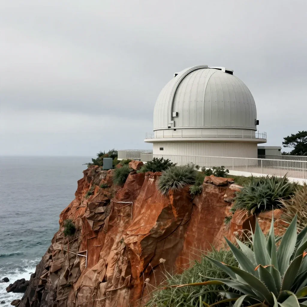 a cliffside observatory under overcast coastal light, contemporary botanical illustration, soft volumetric light, rust a