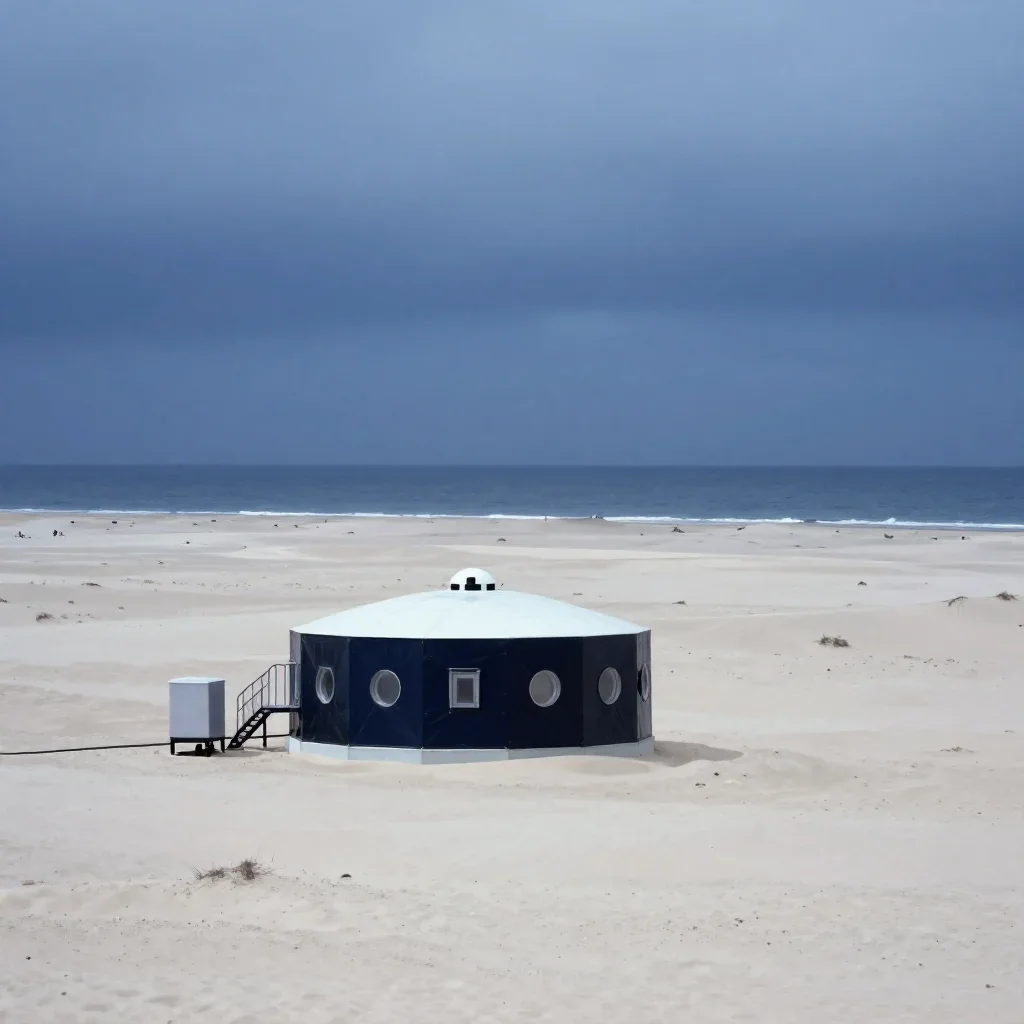 a desert research station under overcast coastal light, quiet science-fiction concept art, restrained color harmony, ind