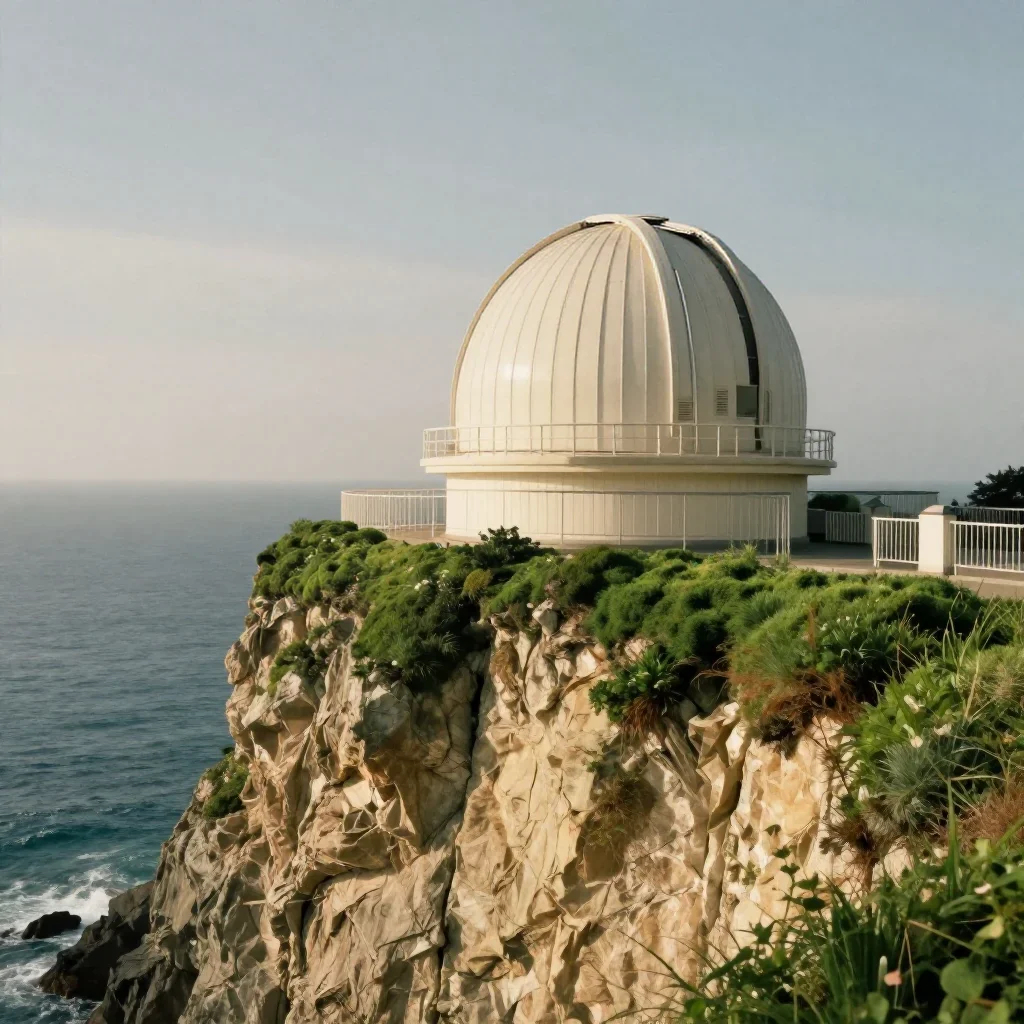 a cliffside observatory in a gentle sea breeze, dreamlike fine-art landscape photography, subtle film grain, moss green 
