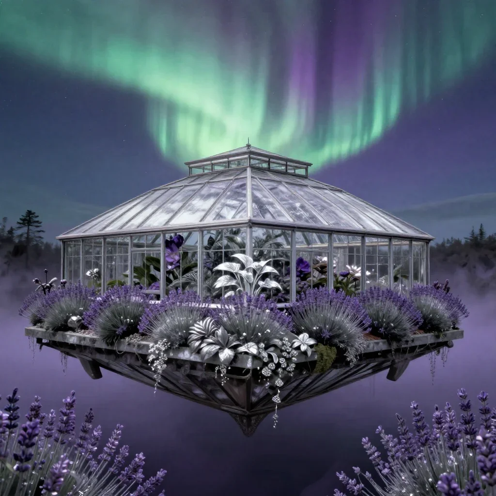 a floating botanical conservatory beneath an aurora, dreamlike fine-art landscape photography, atmospheric depth, lavend