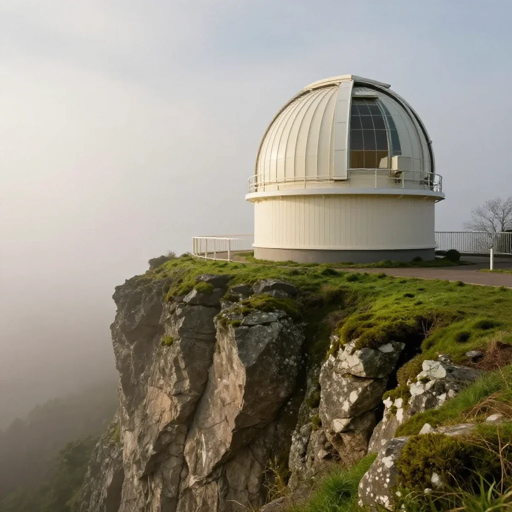 a cliffside observatory in early spring mist, high-end design magazine photography, crisp material detail, moss green an