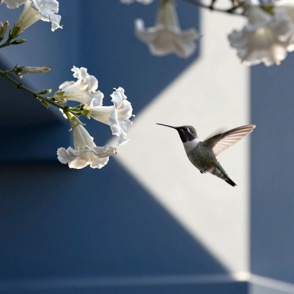 a hummingbird beside trumpet flowers at first light, cinematic architectural photography, careful geometric composition,
