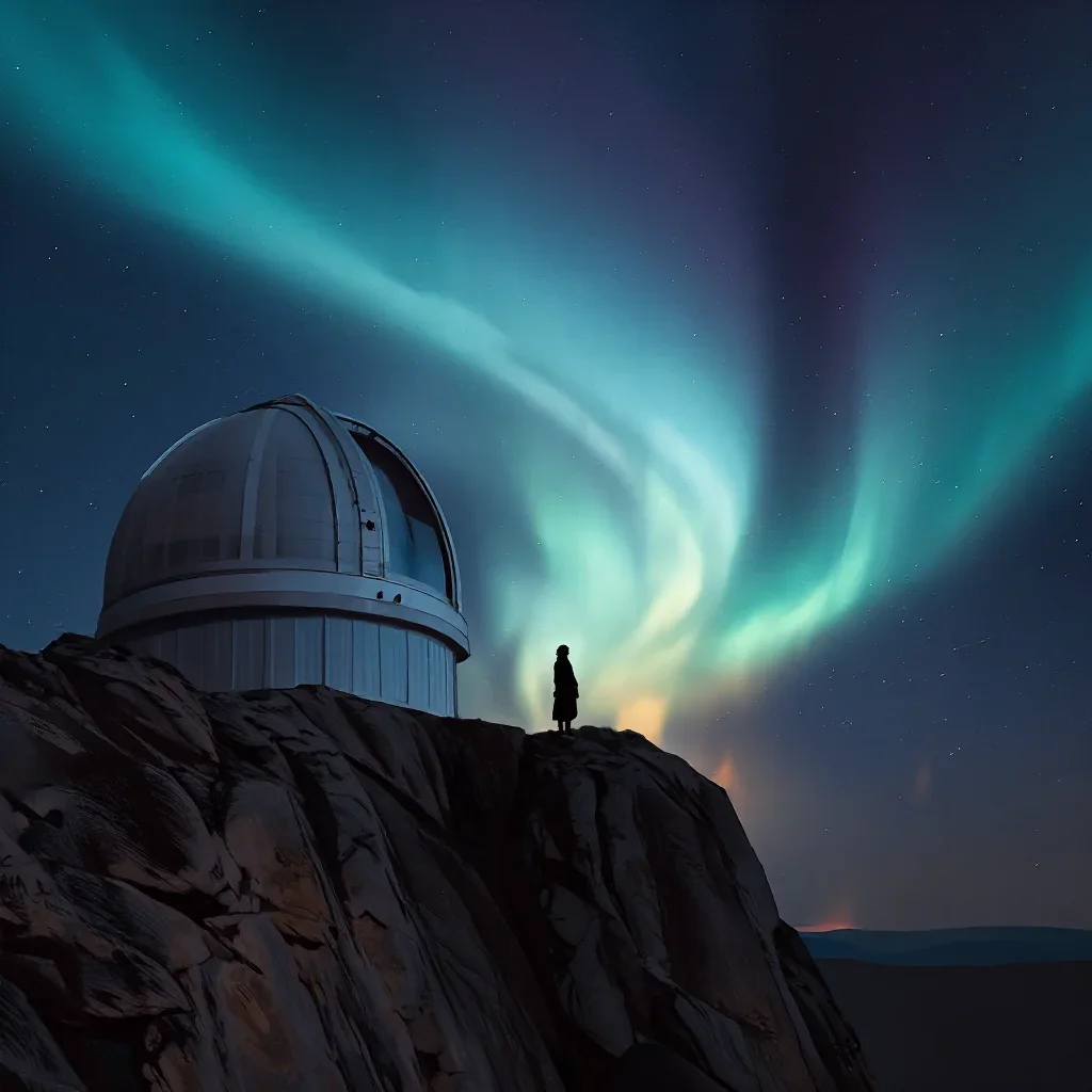 a cliffside observatory beneath an aurora, dreamlike fine-art landscape photography, clean natural textures, cobalt and 