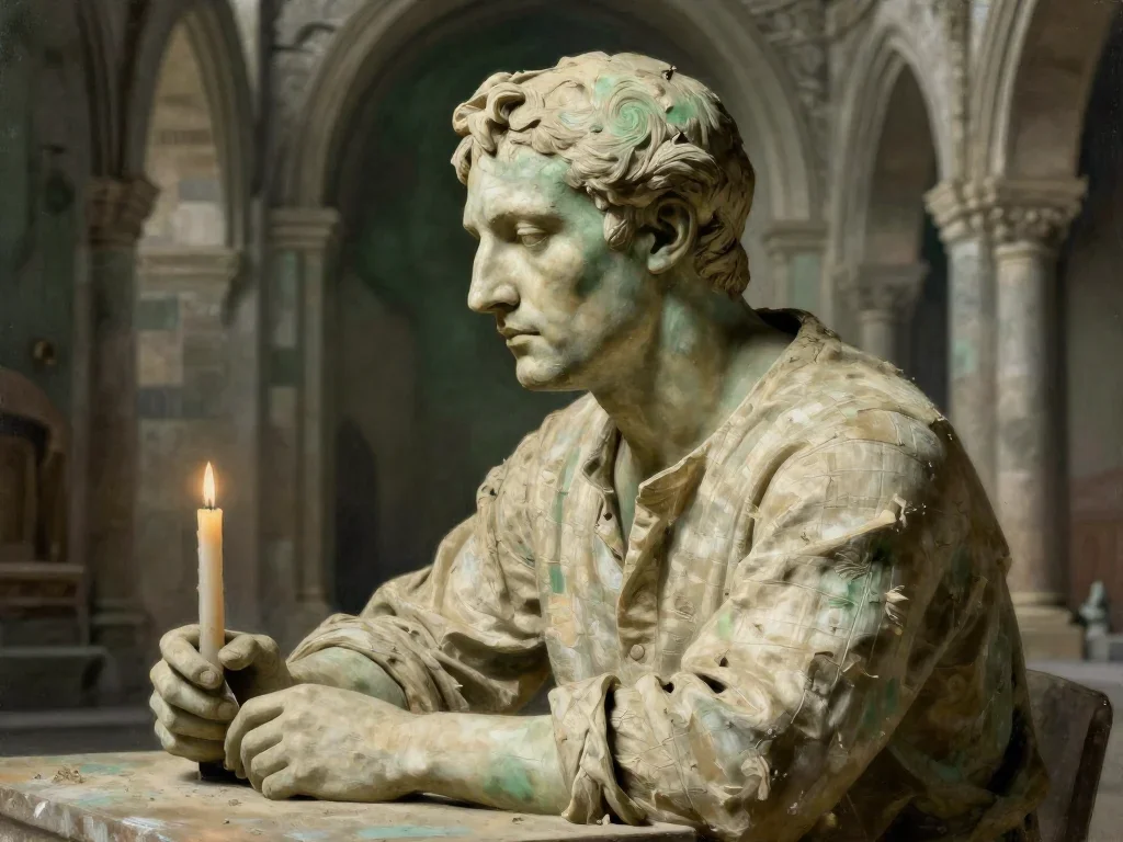 a sculptor at rest in a linen shirt, dust-hazed in a dramatic three-quarter profile, in a candle-lit cathedral ruin, Ren
