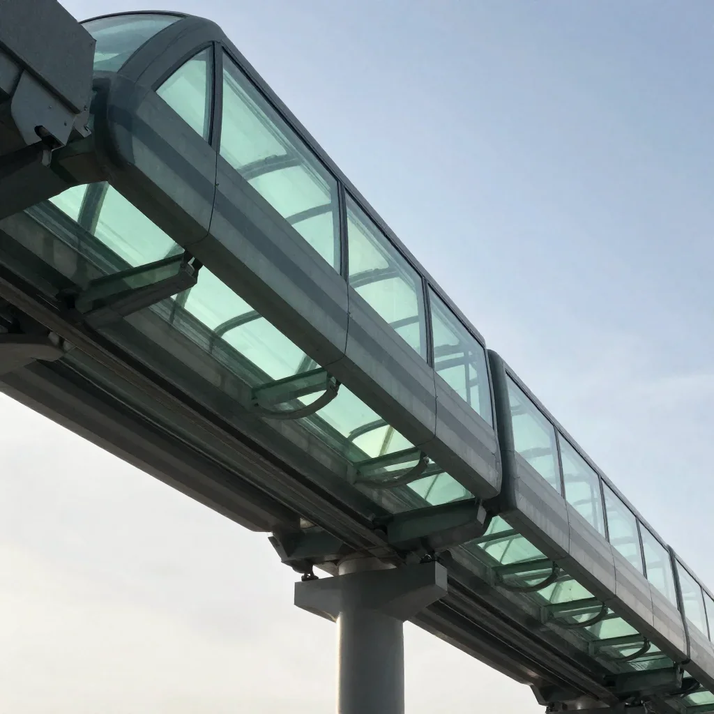 a glass monorail in crisp winter sunlight, cinematic architectural photography, careful geometric composition, jade and