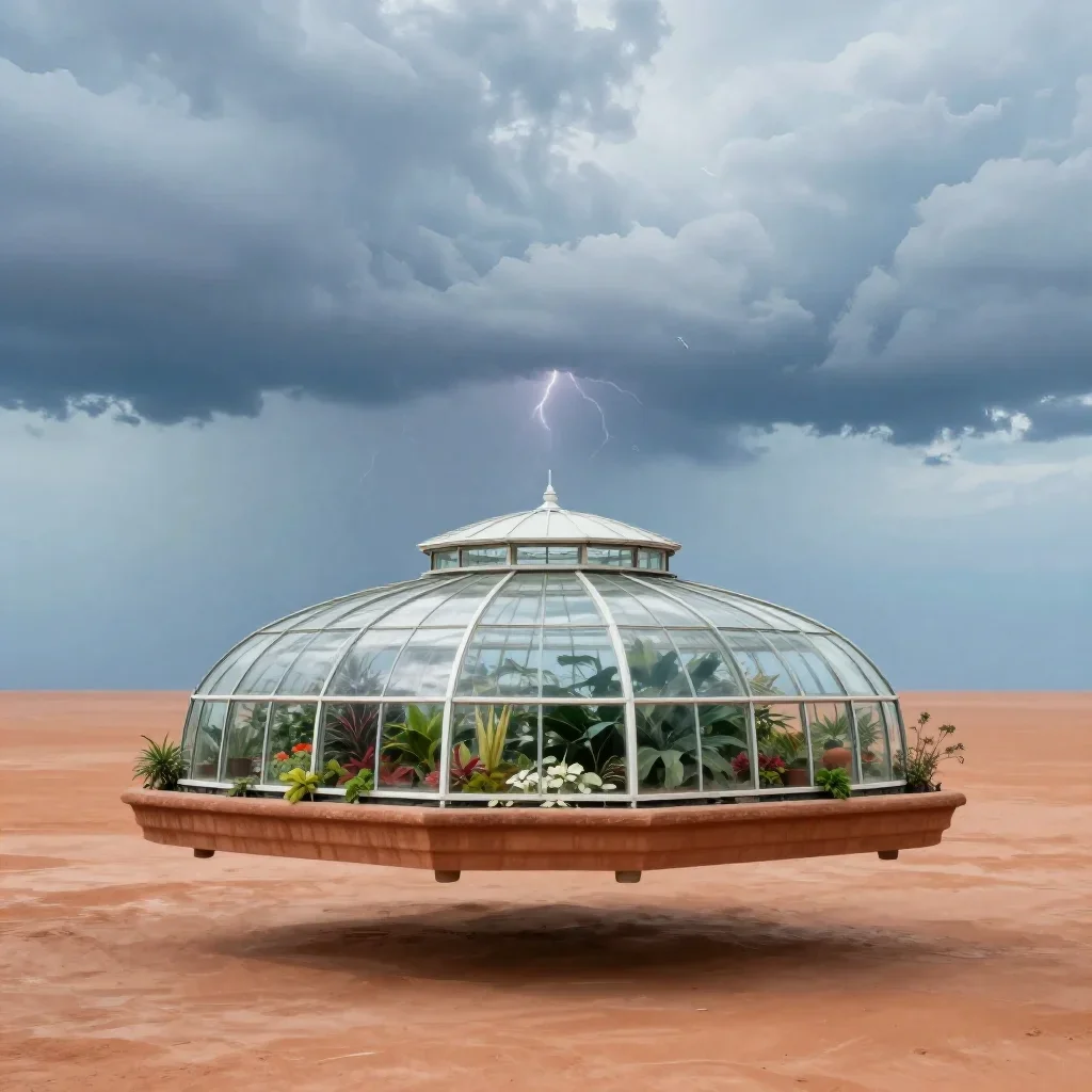 a floating botanical conservatory after a distant thunderstorm, dreamlike fine-art landscape photography, calm negative 