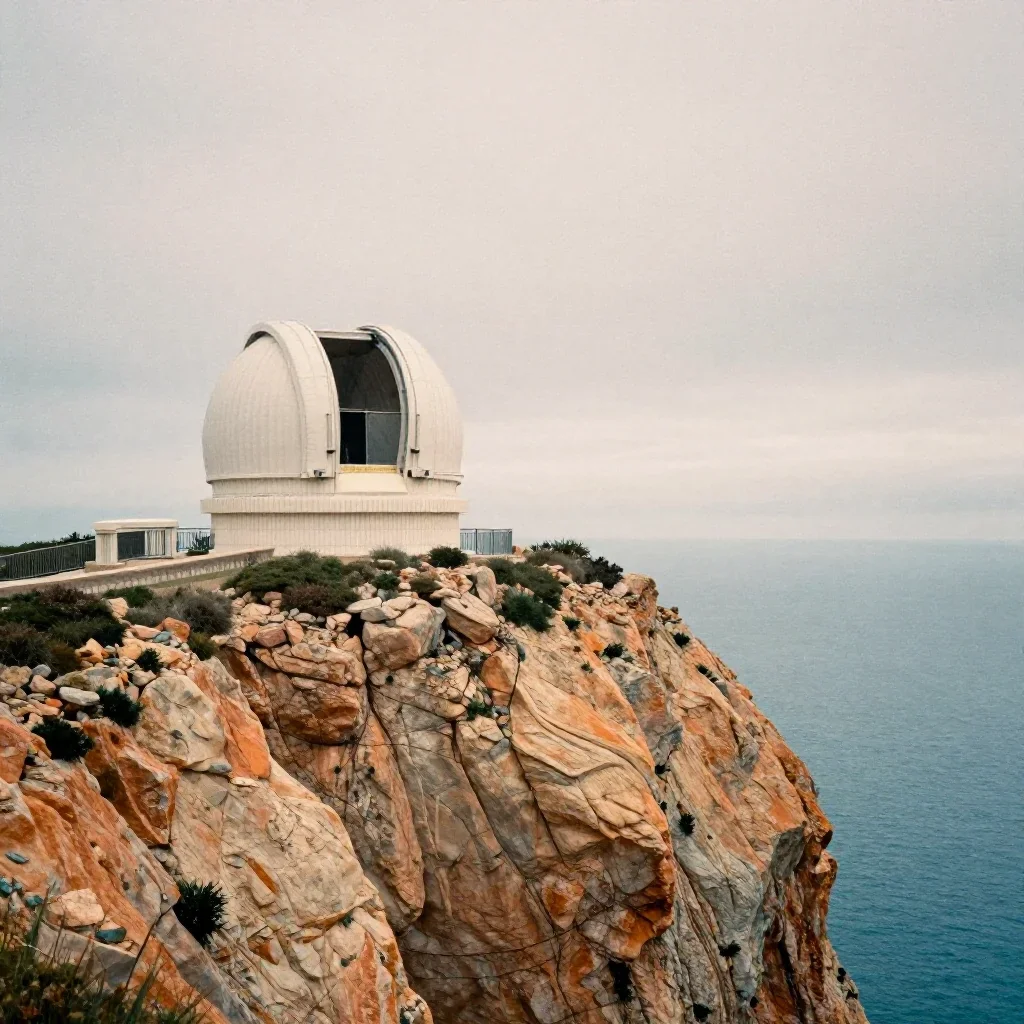 a cliffside observatory under overcast coastal light, soft-grain analog film photography, soft volumetric light, ochre a