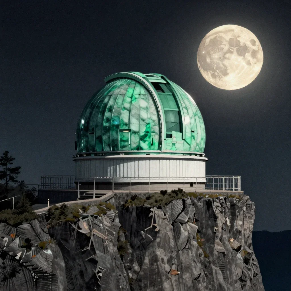 a cliffside observatory at moonrise, Japanese woodblock-inspired editorial art, subtle film grain, jade and charcoal pal