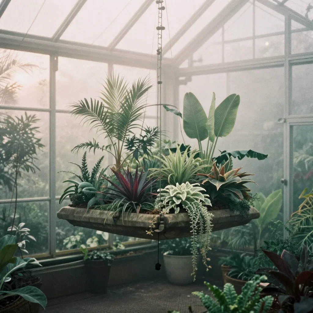 a floating botanical conservatory under soft dawn fog, soft-grain analog film photography, subtle film grain, rust and s