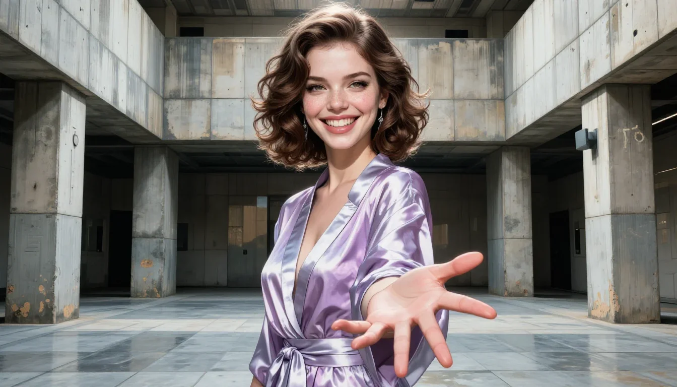 a smiley lounge singer in a satin robe in a gentle reach toward the lens, in a brutalist concrete atrium, Vogue-style st