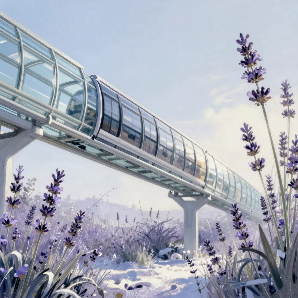 a glass monorail in crisp winter sunlight, contemporary botanical illustration, subtle film grain, lavender and silver p