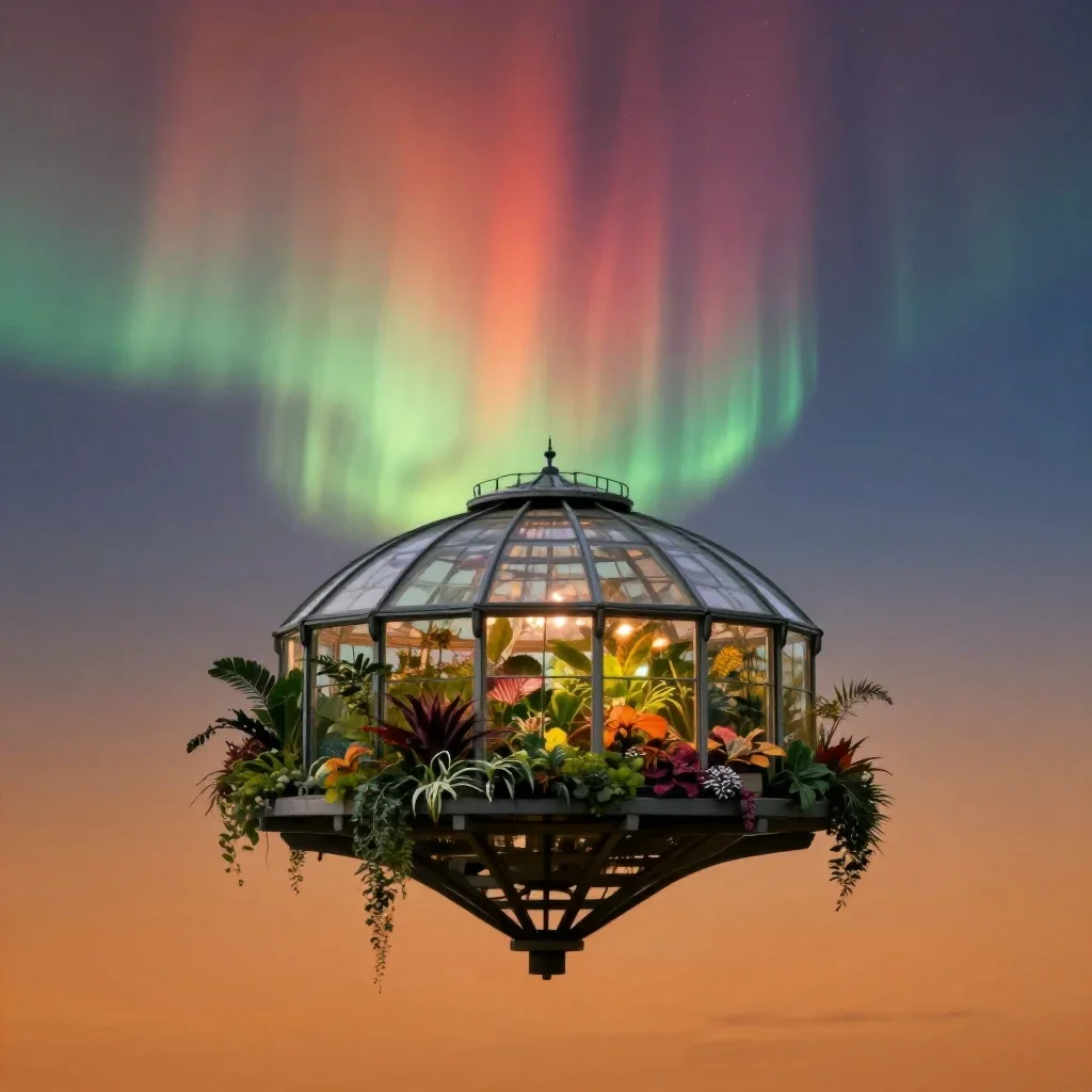 a floating botanical conservatory beneath an aurora, refined editorial travel photography, calm negative space, ochre an