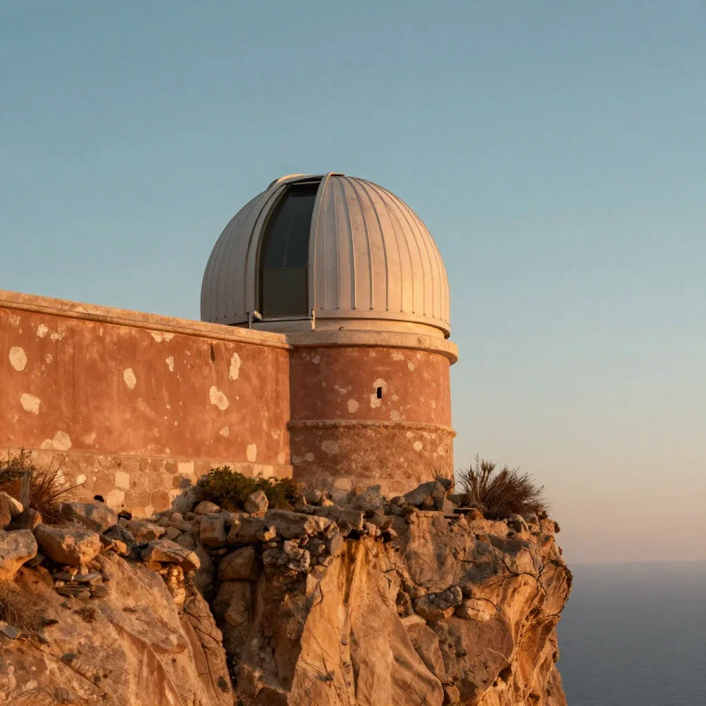a cliffside observatory during golden hour, cinematic architectural photography, weathered tactile surfaces, terracotta 