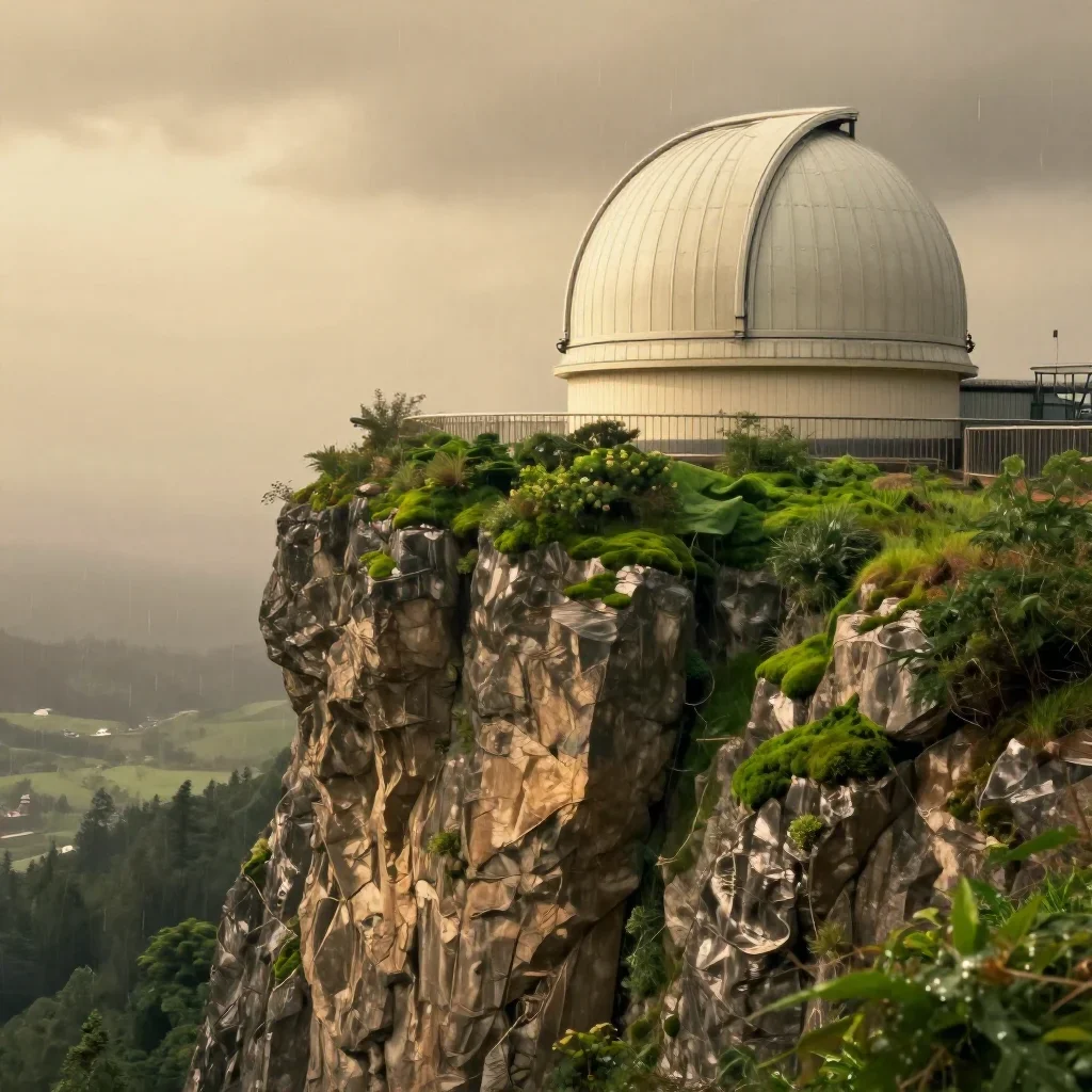 a cliffside observatory after warm summer rain, dreamlike fine-art landscape photography, atmospheric depth, moss green