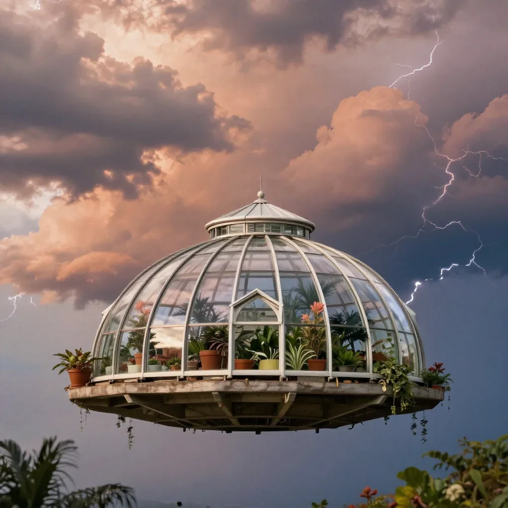 a floating botanical conservatory after a distant thunderstorm, refined editorial travel photography, crisp material det
