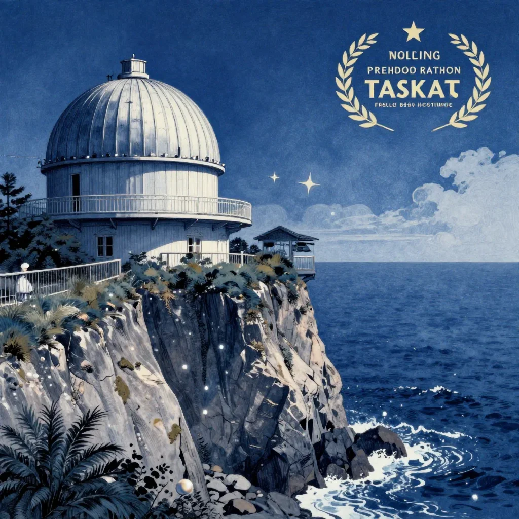 a cliffside observatory in a gentle sea breeze, Japanese woodblock-inspired editorial art, atmospheric depth, indigo and