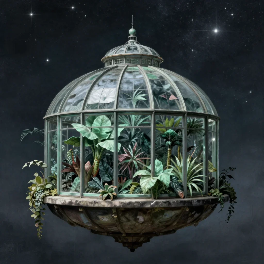 a floating botanical conservatory beneath a star-filled sky, contemporary botanical illustration, atmospheric depth, jad