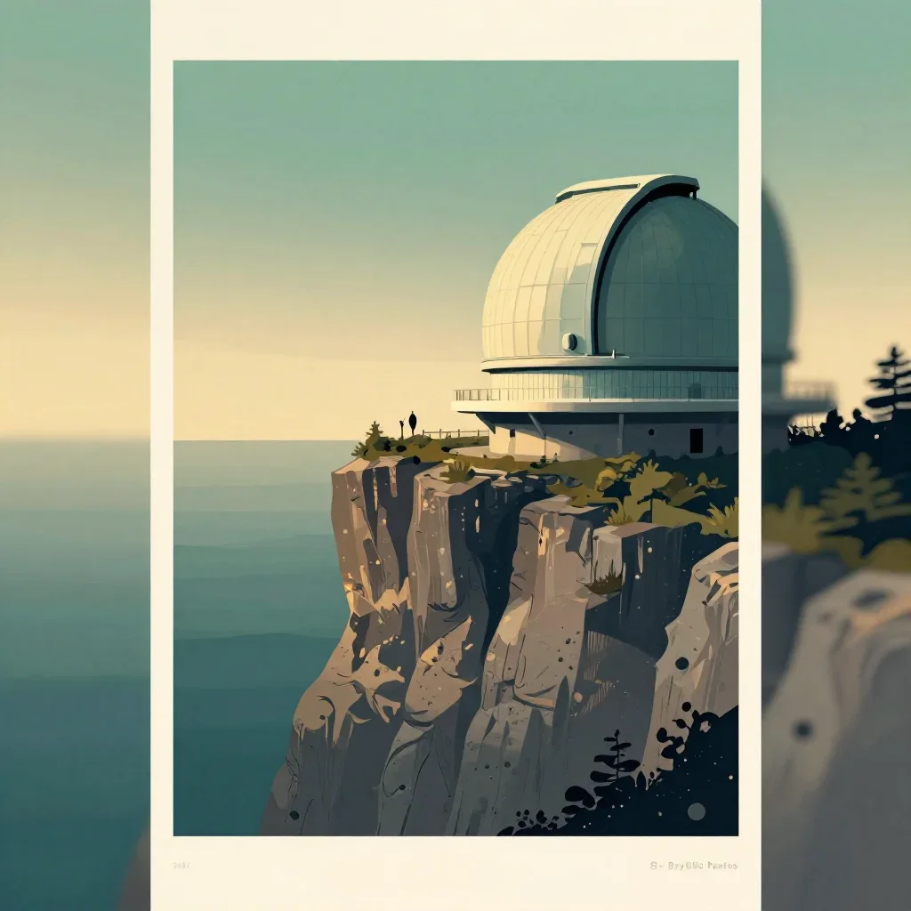 a cliffside observatory during golden hour, modernist poster illustration, atmospheric depth, jade and charcoal palette,